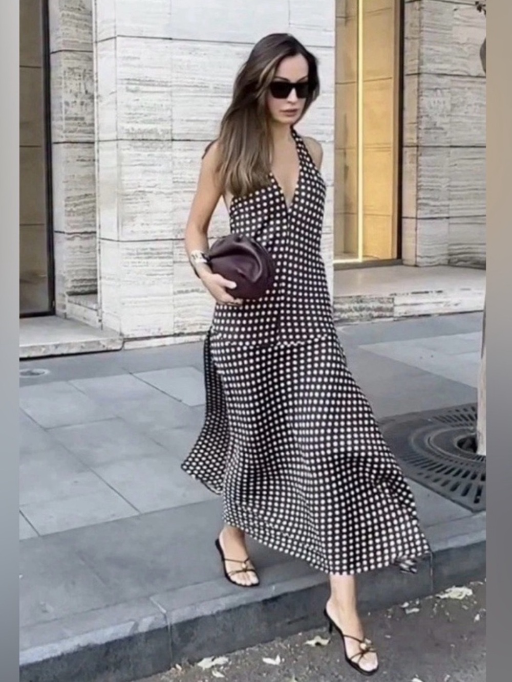 ZARA Brown Polka Dot Halter Satin Maxi Dress, L NWT